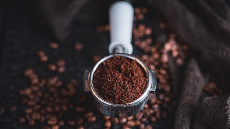 ground coffee in a portafilter