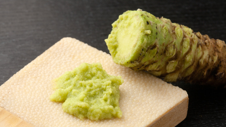 grated wasabi on beige surface