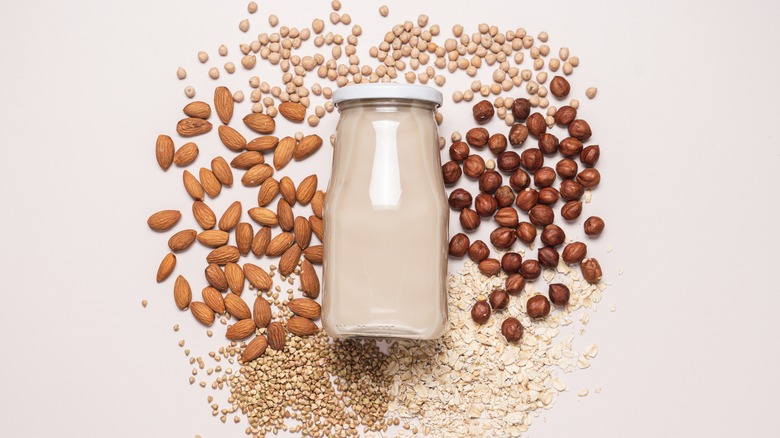 glass jar of plant-based milk with almonds, oats, other nuts and seeds around glass