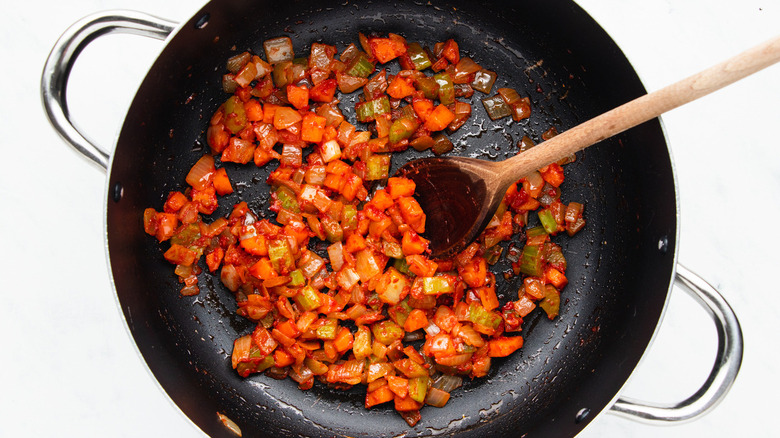 carrot onion celery in pot