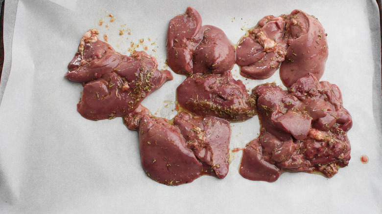 Chicken livers on baking tray