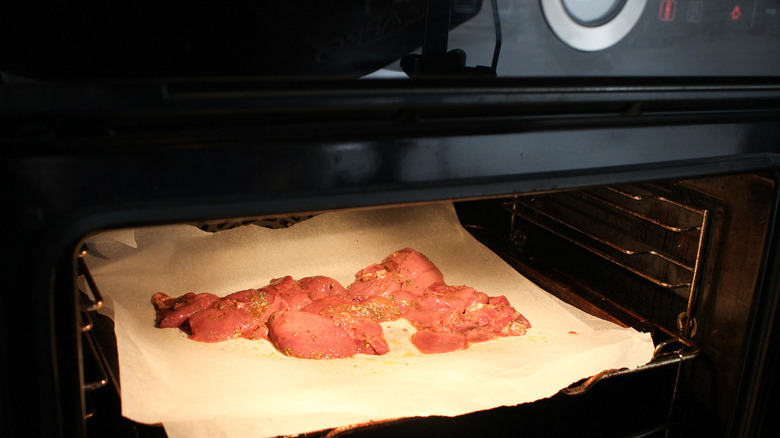 Livers on baking sheet in oven