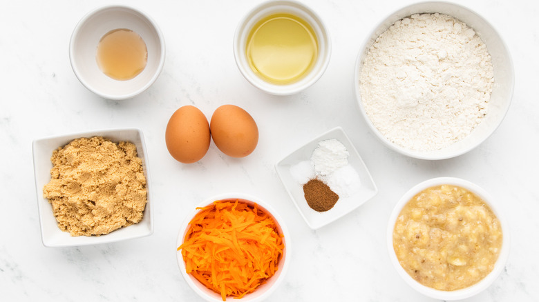 Banana carrot muffin ingredients laid out