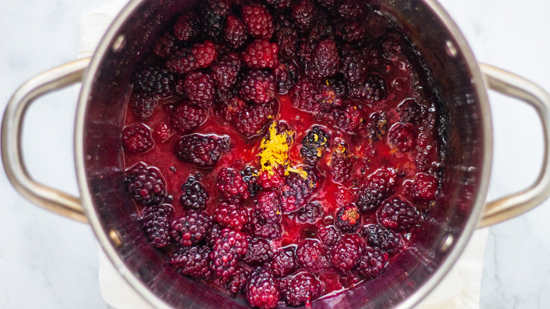 blackberries, sugar, lemon zest, and starch in pot