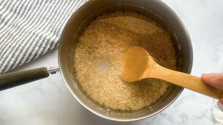 rice and water in pot