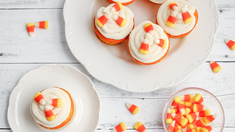 candy corn cupcakes on plate 