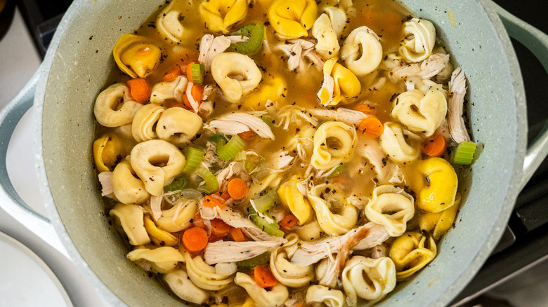 chicken tortellini soup in pot