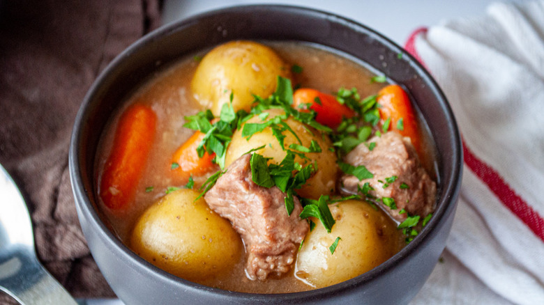 beef stew with carrots and potatoes in a bowl ready to eat