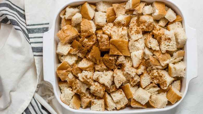 bread chunks in baking dish