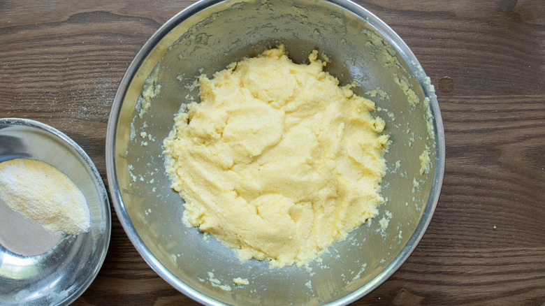 arepa dough in metal bowl