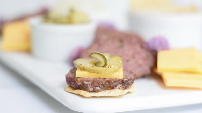 summer sausage on a cracker with pickles and cheese