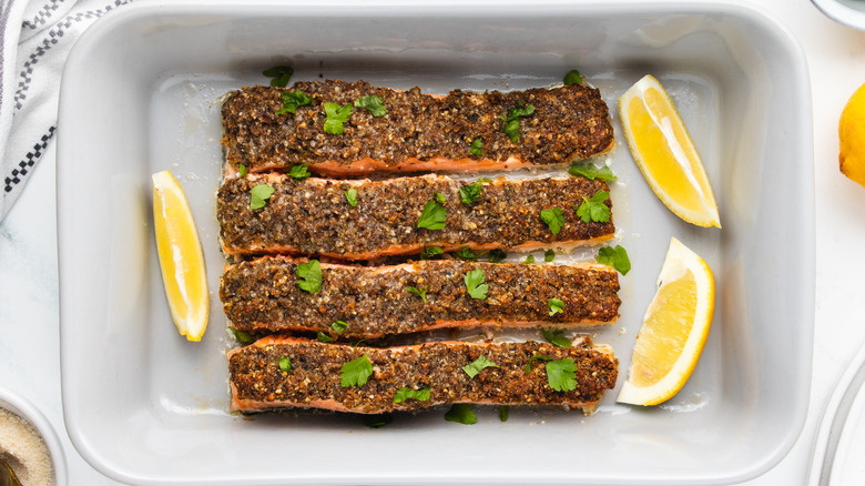 Parmesan-crusted salmon in baking dish