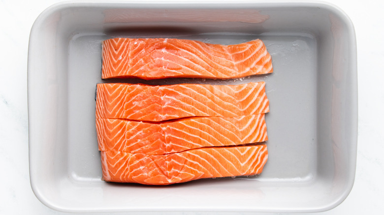 salmon filets in baking dish