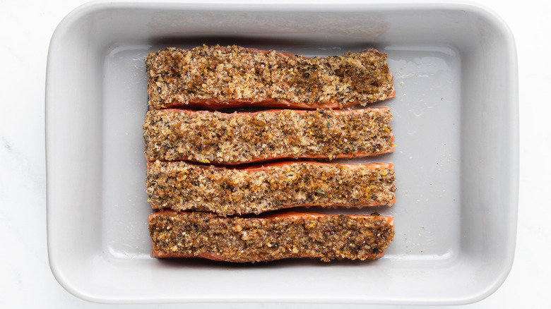 Parmesan-crusted salmon in baking dish