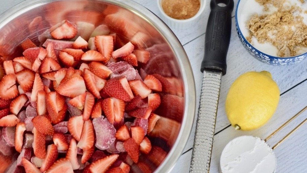 strawberries and rhubarb in bowl