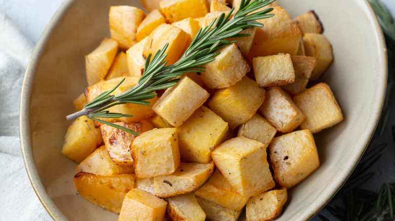 simple roasted rutabaga in bowl 