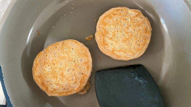 vegan pancakes in frying pan 