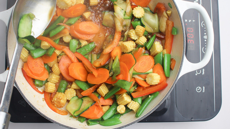 cooked vegetables in pan