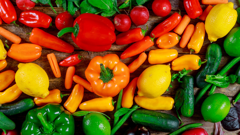 Colorful veggies on wooden table