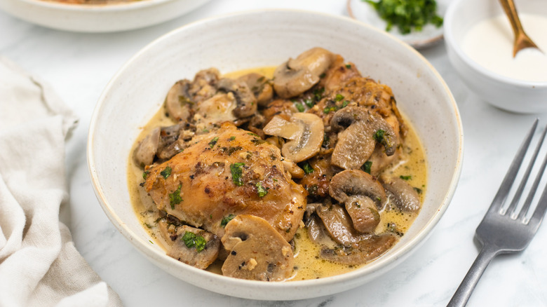 chicken and mushrooms in bowl