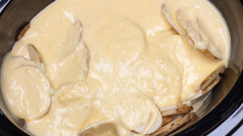 Slow Cooker Au Gratin Potatoes - cheese on top of the potato slices 