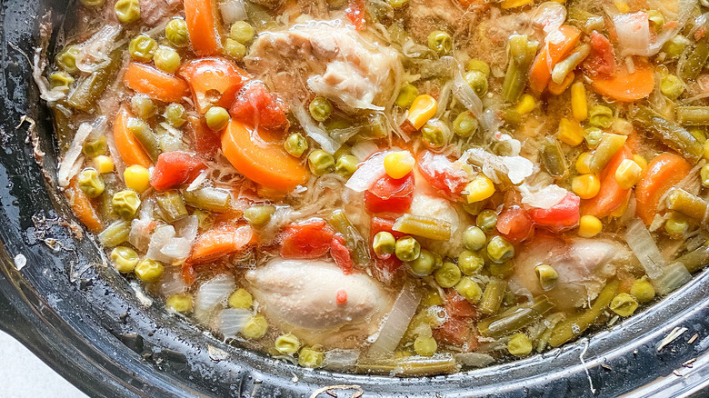 Slow Cooker Belgian Chicken Booyah cooking in the slow cooker