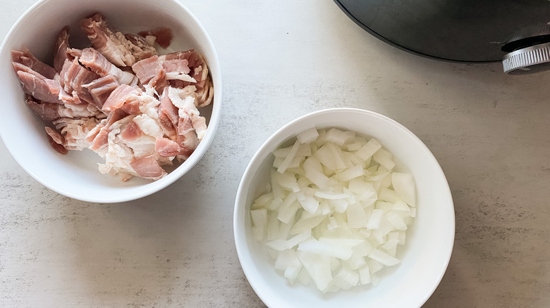 Cubed bacon and diced onion