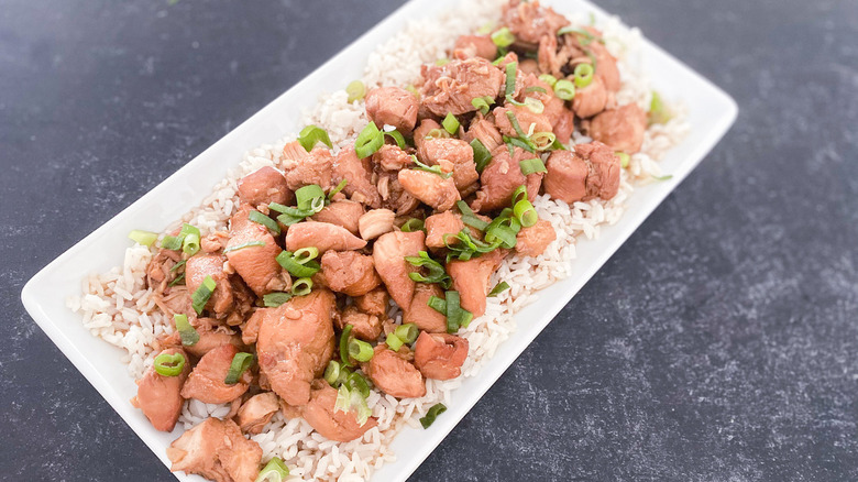 Bourbon Chicken served over white rice