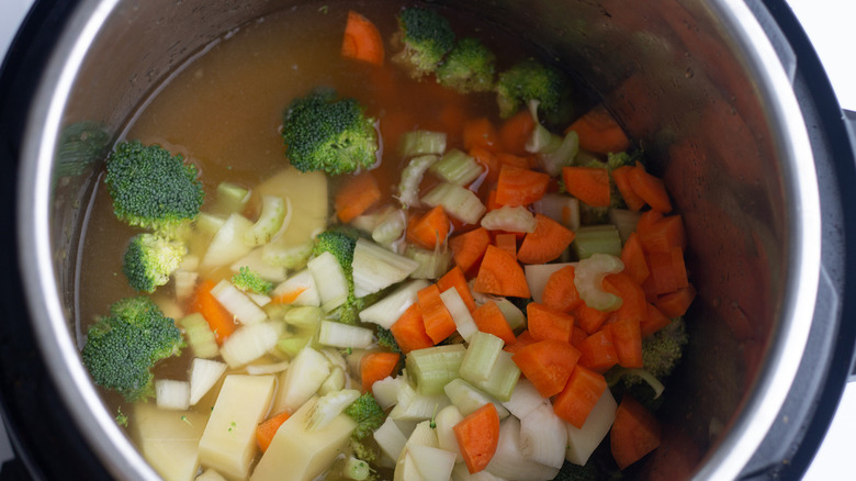 slow cooker full of chicken broth, broccoli florets, carrots, celery, and potatoes