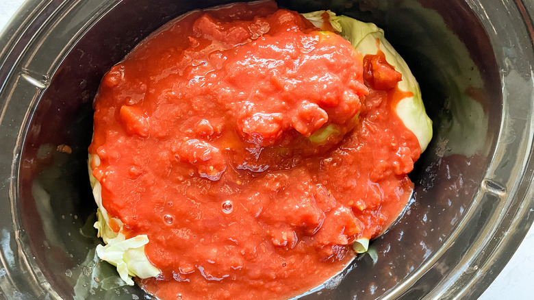 uncooked cabbage rolls in slow cooker