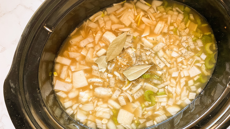 Soup ingredients in a slow cooker