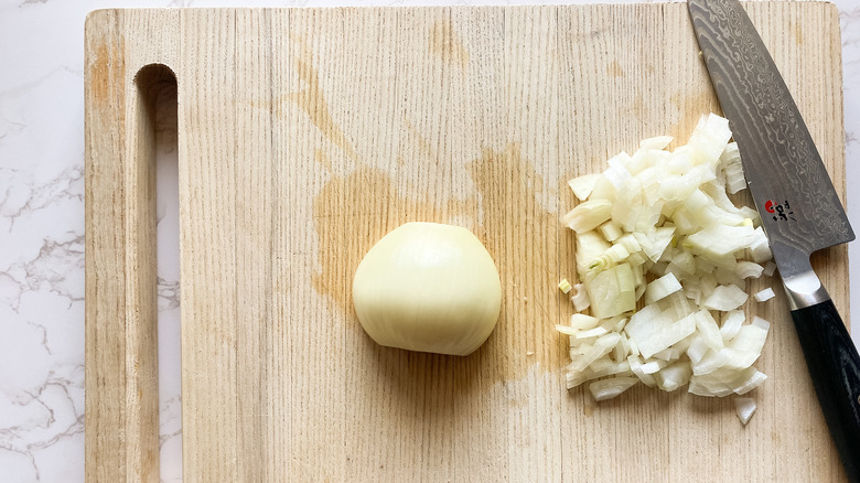 diced onion on cutting board