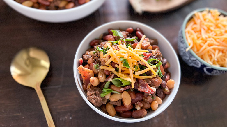 slow cooker cowboy beans in bowl 