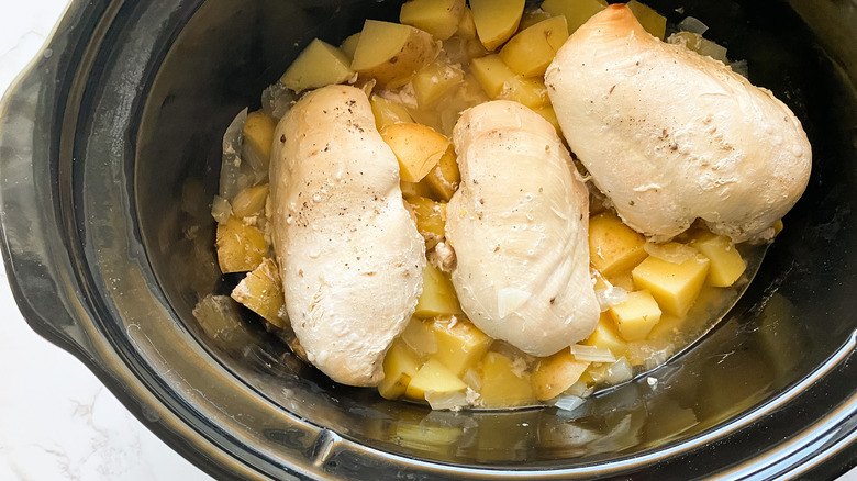 Greek chicken potatoes in pot