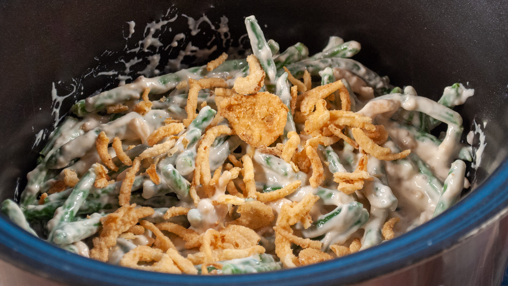 green bean casserole ingredients in slow cooker