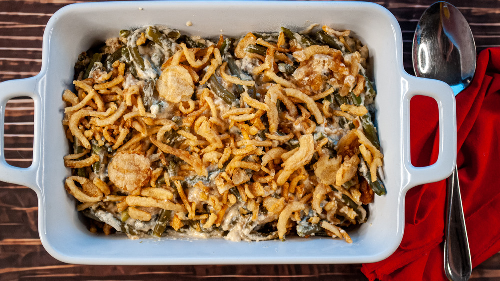 slow cooker green bean casserole in serving dish