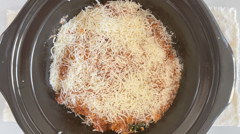 completed lasagna layers in slow cooker