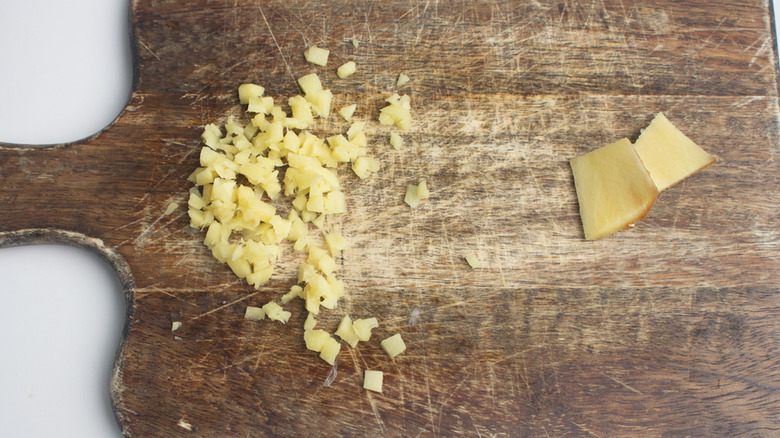 diced ginger on cutting board