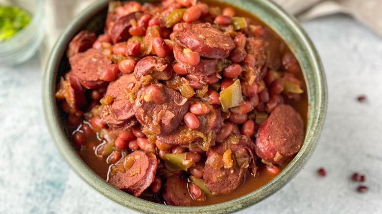 Beans, sausage, and peppers in bowl