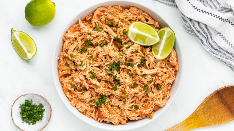 Shredded salsa chicken in a bowl