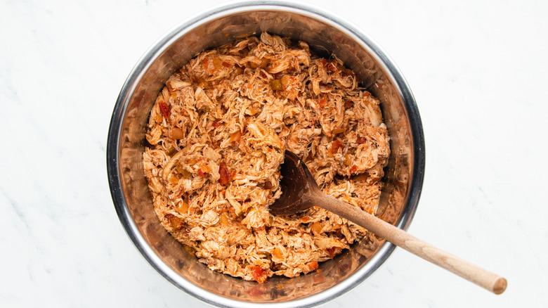 Shredded salsa chicken in bowl