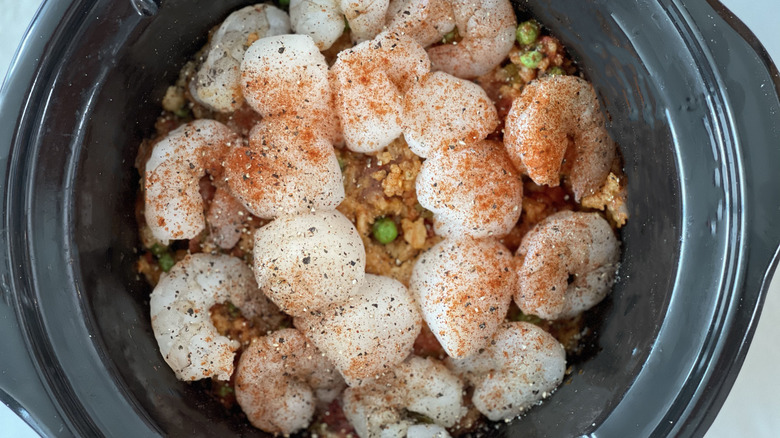 Slow Cooker Seafood Paella in slow cooker with seafood