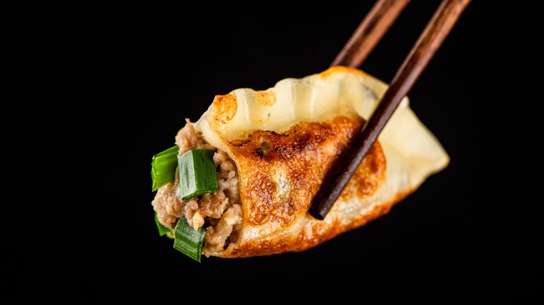 A dumpling held with chopsticks