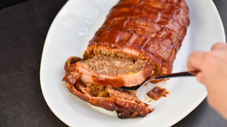 smoked bacon-wrapped meatloaf served