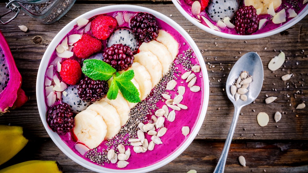 Purple smoothie bowl with fruit