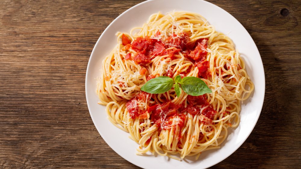 Spaghetti and tomato sauce at an Italian restaurant