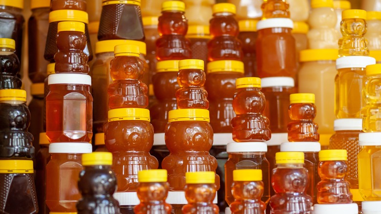 Jars of honey in a grocery store