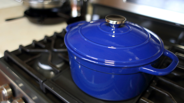 Blue Dutch oven on a stove