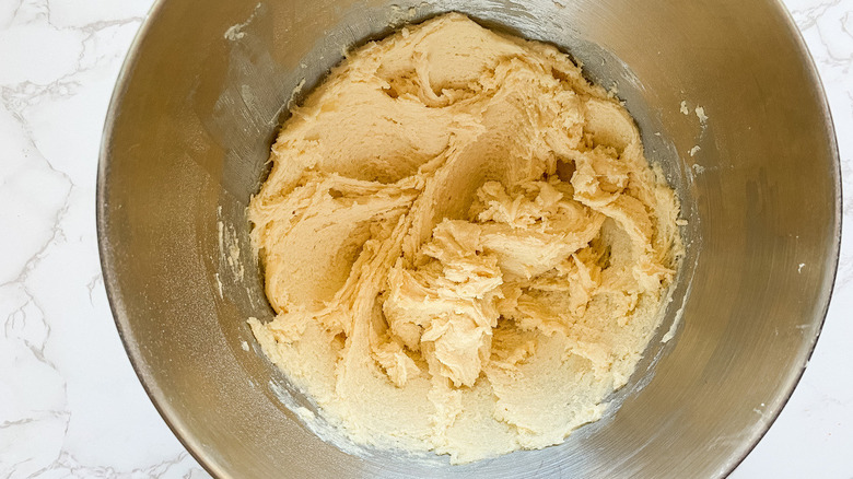 A mixing bowl filled with batter.