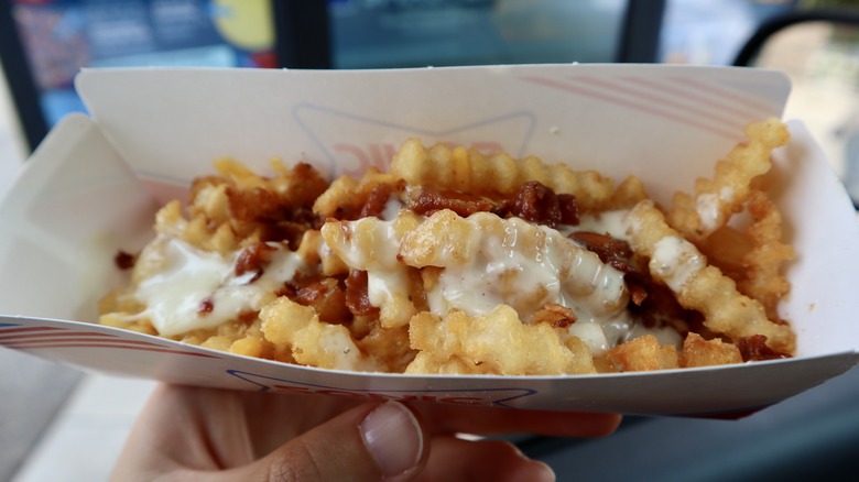 hand holding boat of loaded bacon fries